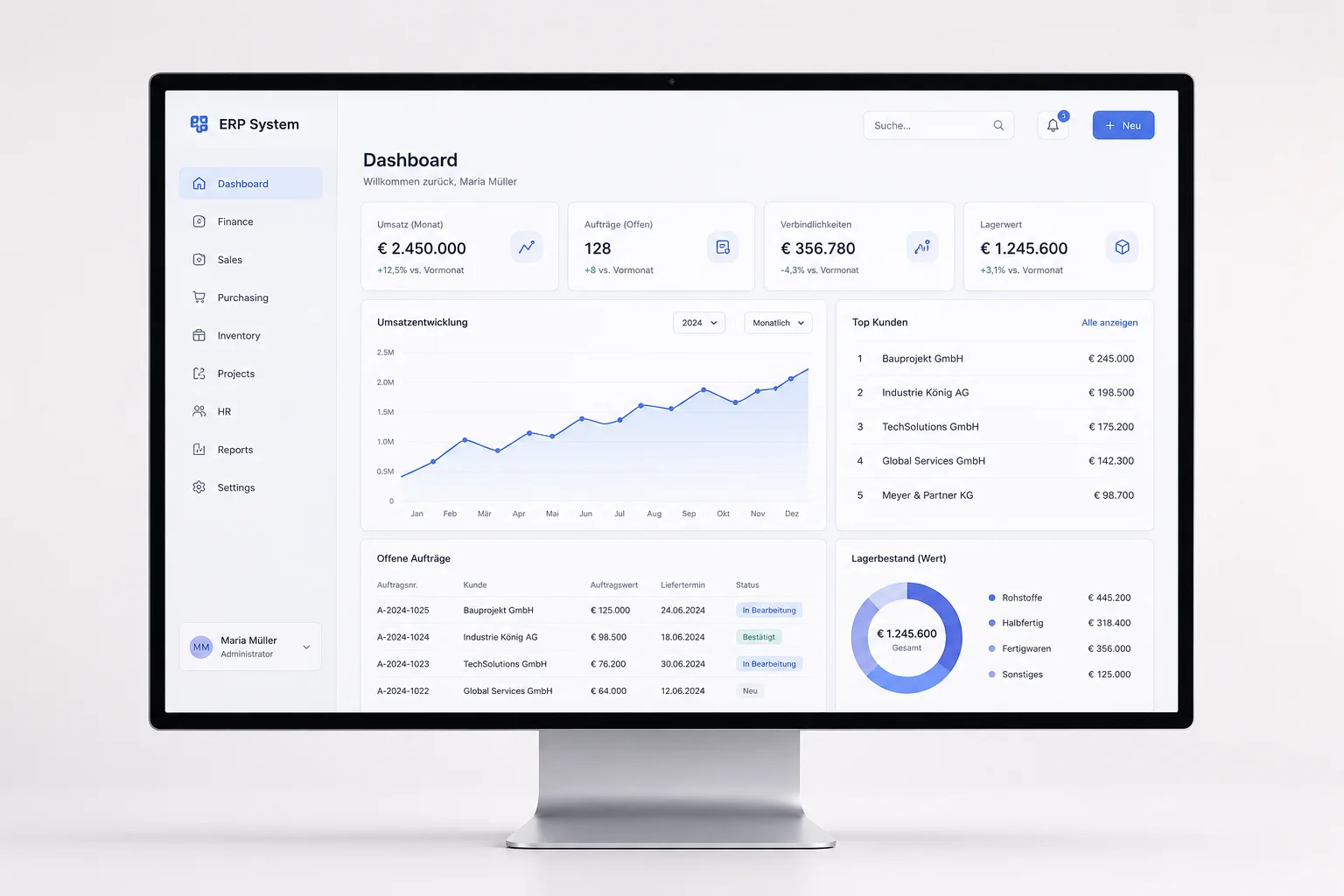 ERP-Dashboard mit Umsatzentwicklung, offenen Aufträgen und Lagerbestand